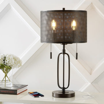 Hank 27" Industrial Farmhouse Iron LED Table Lamp with USB Charging Port - JONATHAN Y